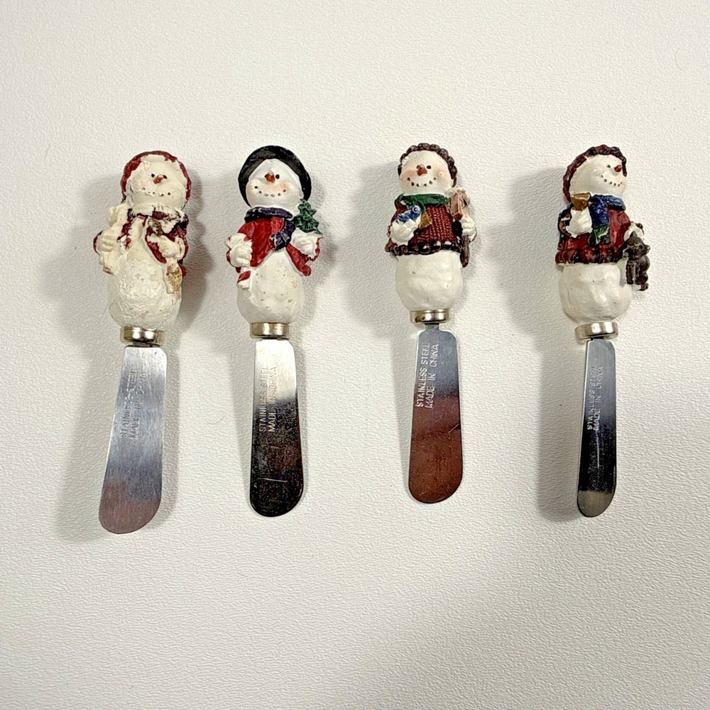 Set of 4 Snowman Butter Or Cheese Spread Knives - Stainless Steel
